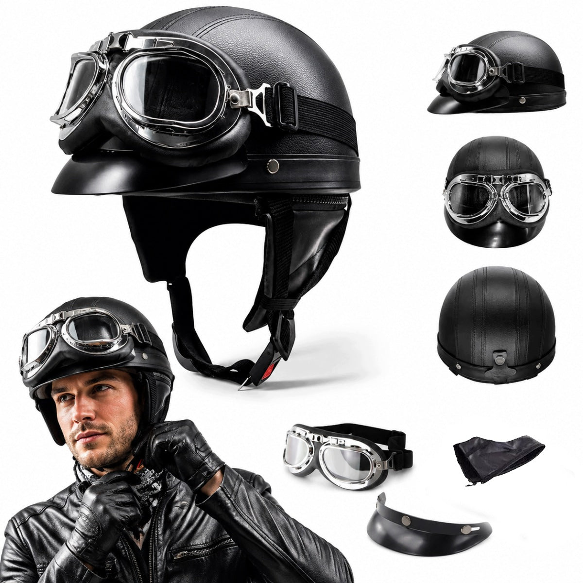 MOTORCYCLE SCOOTER HELMET WITH GOGGLES HELMET RETRO SET BLACK 52-62 cm