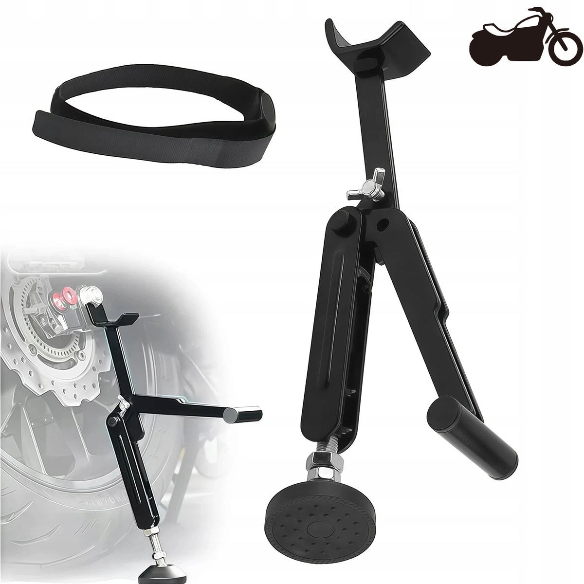 MOTORCYCLE STAND FOLDING REAR 250KG WITH SEAT BELT BLACK Packaging status original