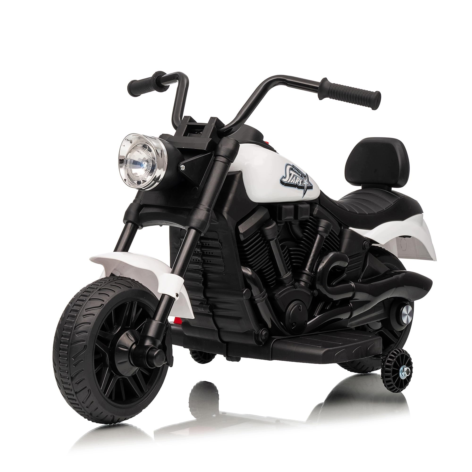 MOTOREK ELEKTRYCZNY DLA DZIECI 6V BOCZNYMI KÓŁKAMI MUZYKA ŚWIATŁA BIAŁY