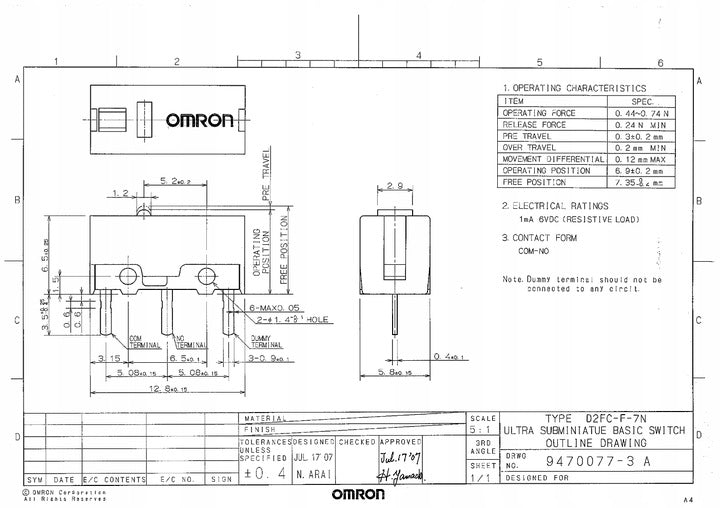MOUSE BUTTON OMRON D2FC-F-K(50M) MICROCONTACT LEFT RIGHT EAN (GTIN) 5906379302828