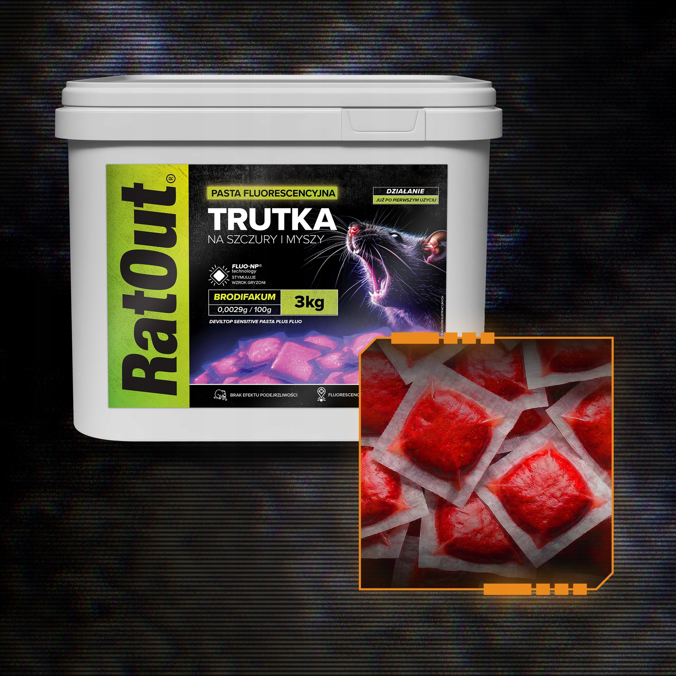MOUSE RAT POISON RATOUT FLUORESCENT GLOWING UV BRODIFACOUM 3KG Manufacturer code ŚRODEK GRYZONIOBÓJCZY NA MYSZY SZCZURY PASTA
