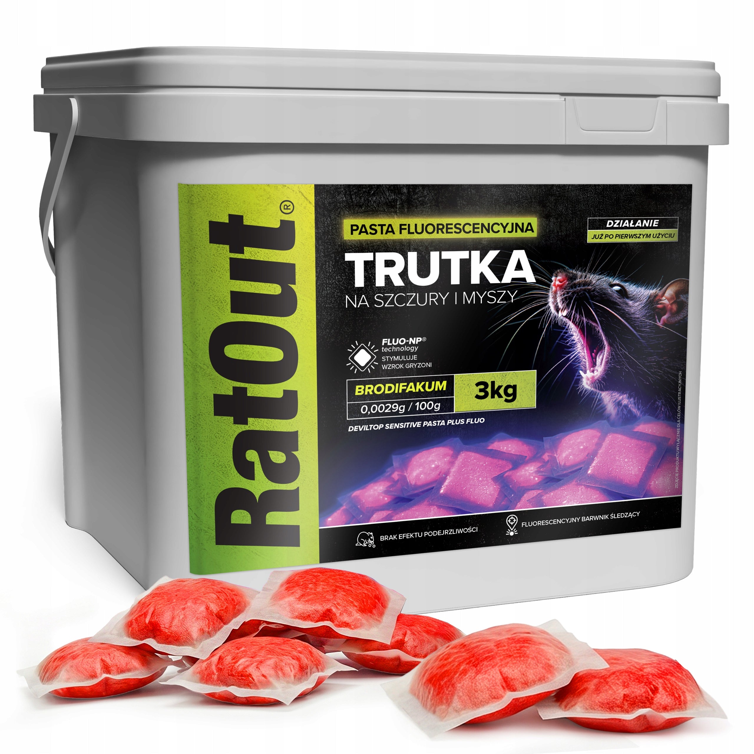 MOUSE RAT POISON RATOUT FLUORESCENT GLOWING UV BRODIFACOUM 3KG Packaging status original
