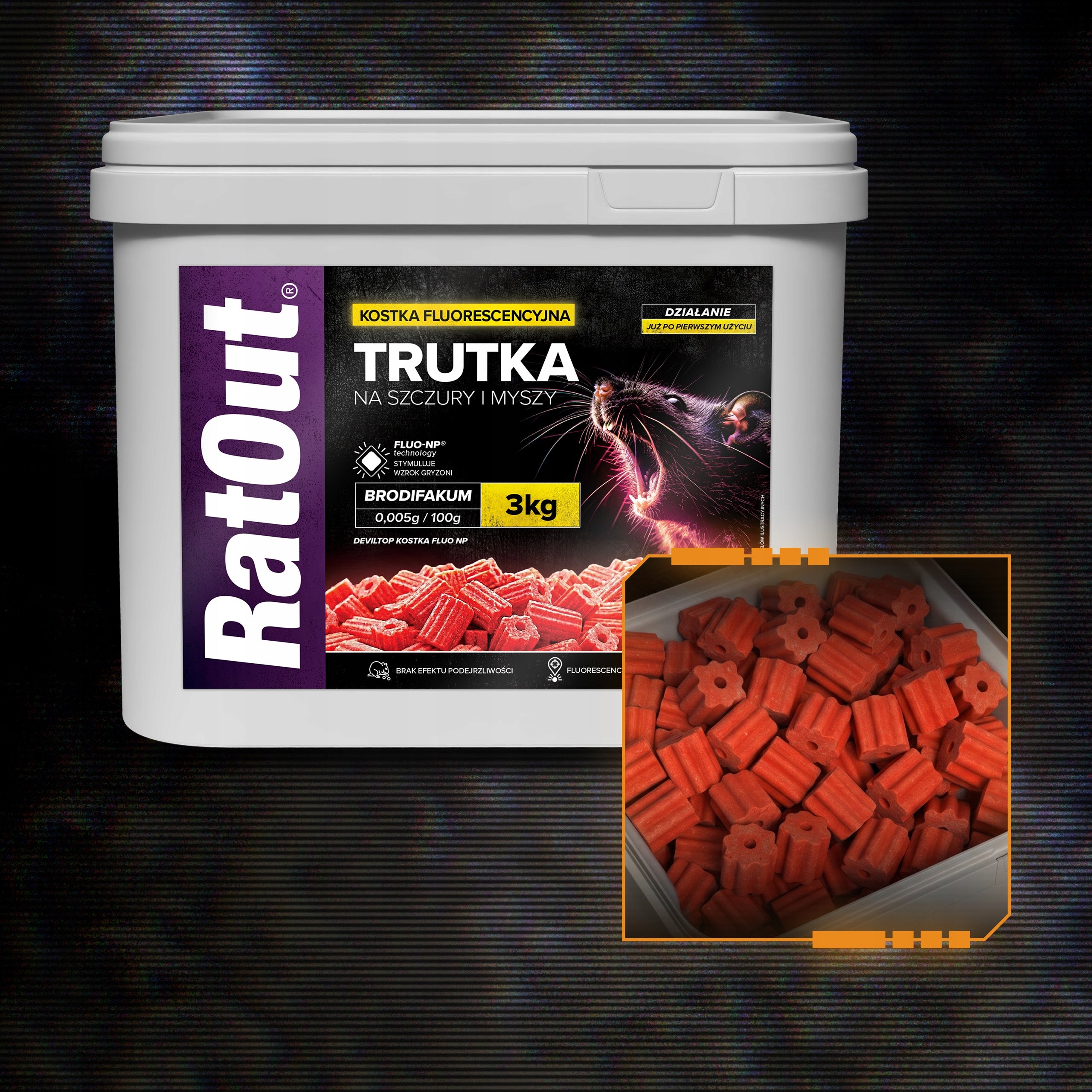 MOUSE RAT POISON RATOUT FLUORESCENT UV CUBE BRODIFACOUM 3 KG Manufacturer code ŚRODEK GRYZONIOBÓJCZY ŚWIECĄCA TRUZICNA 3000G