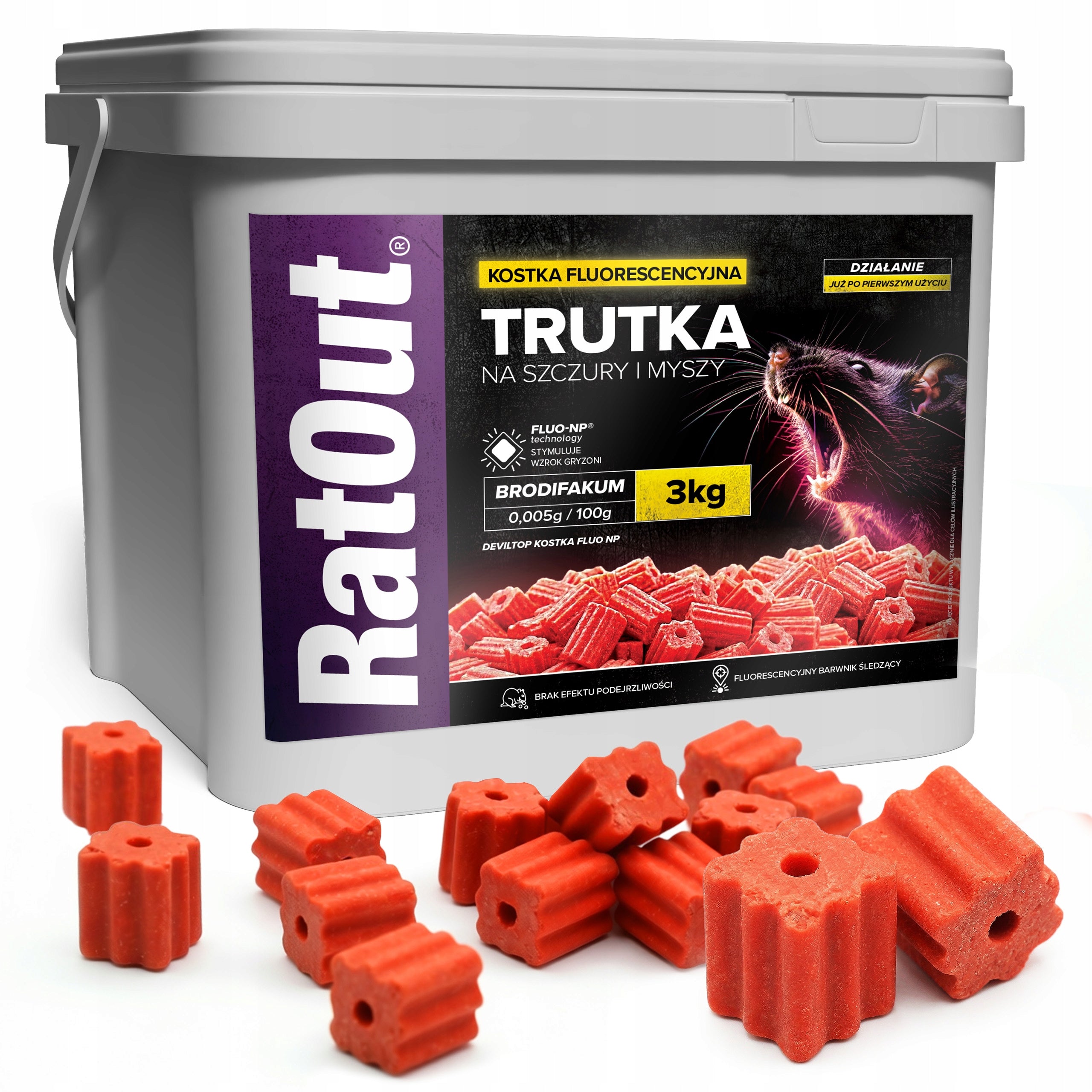 MOUSE RAT POISON RATOUT FLUORESCENT UV CUBE BRODIFACOUM 3 KG Packaging status original