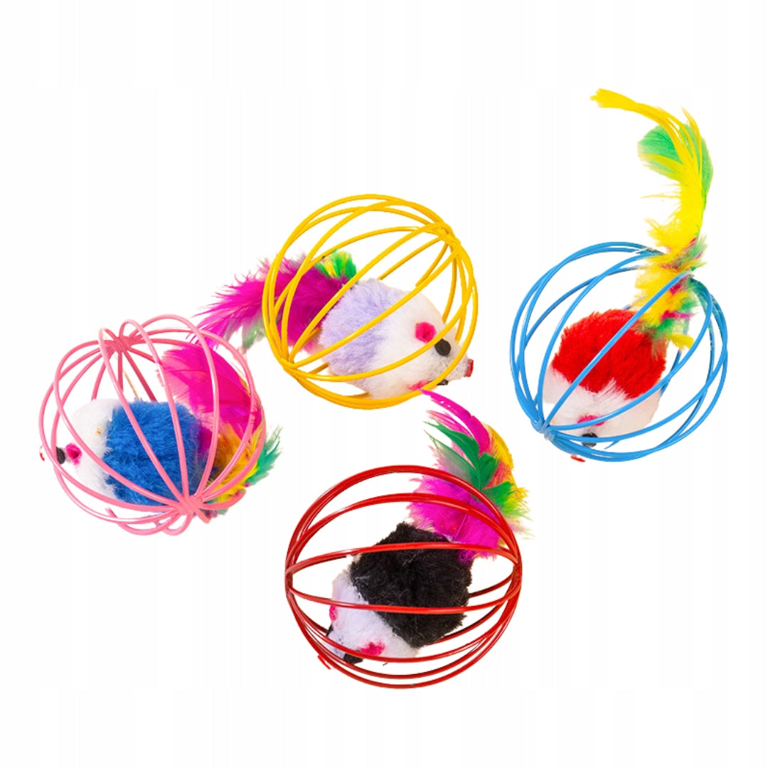 MOUSE RATTLE WITH FEATHERS IN BALL CAGE INTERACTIVE CAT TOY EAN (GTIN) 5906438341683