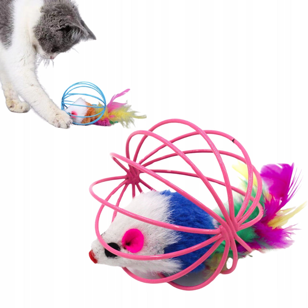 MOUSE RATTLE WITH FEATHERS IN BALL CAGE INTERACTIVE CAT TOY