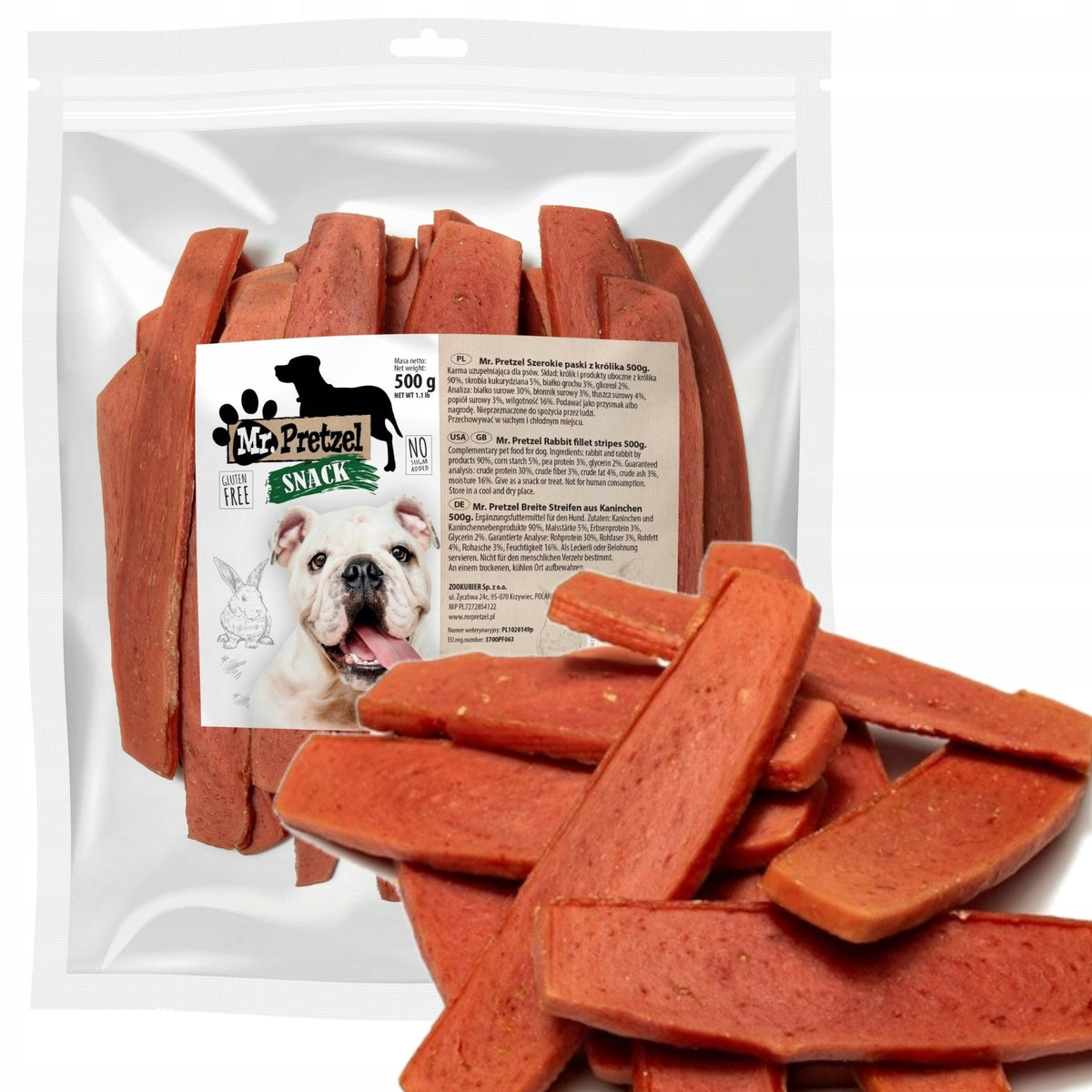 MR PRETZEL DOG TREAT MEAT SOFT WIDE STRIPS WITH RABBIT 500g