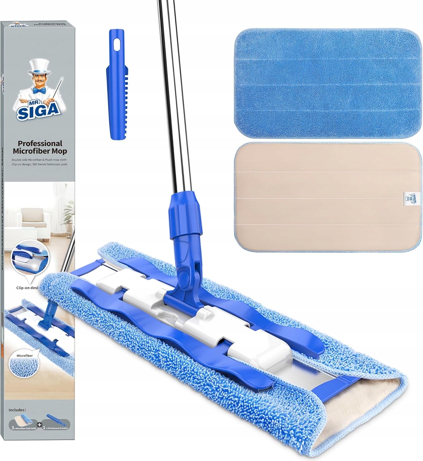 MR.SIGA Microfiber Mop Handle Stainless Steel 4 Cartridges 42x23cm for Flooring
