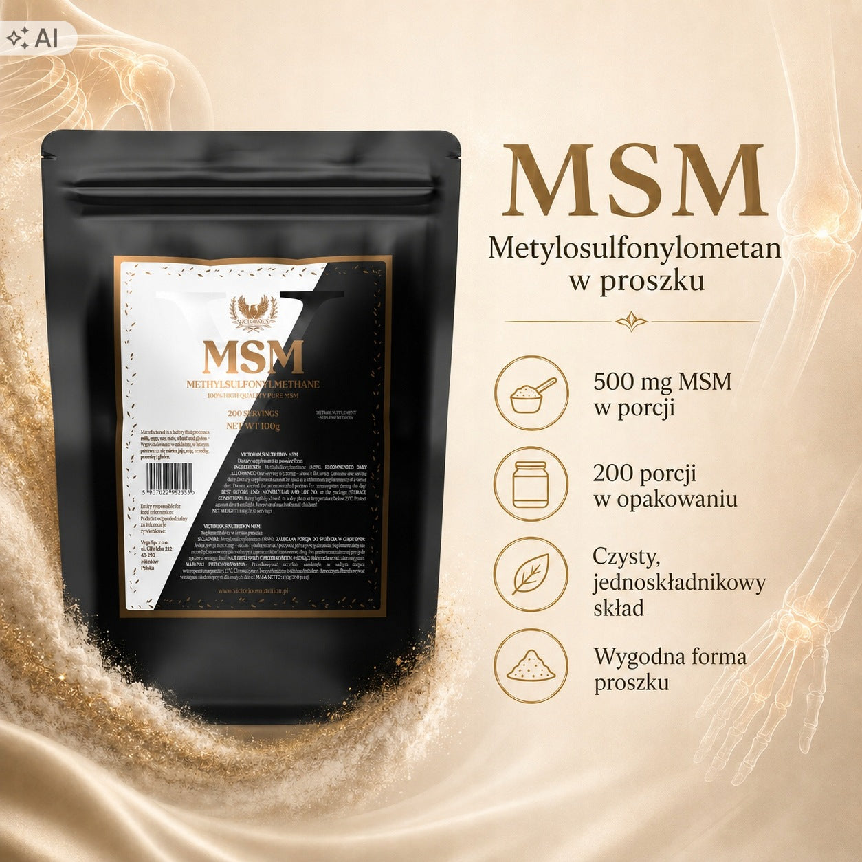 MSM 100g Organic Sulfur Methylsulfonylmethane Joints Skin Victorious Brand Victorious Nutrition