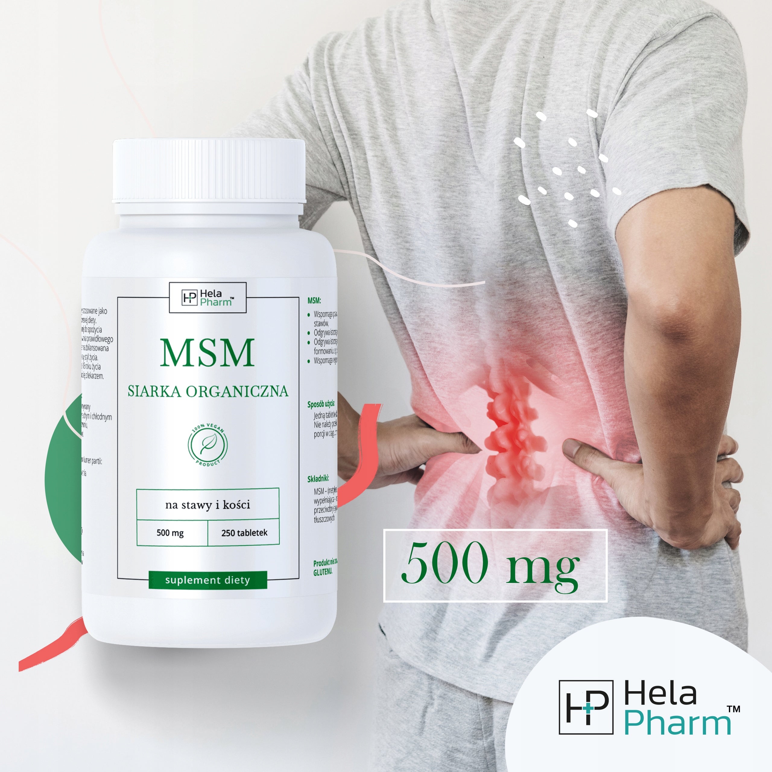 MSM Organic Sulfur 500mg JOINTS, BONES 250 tablets Vege Manufacturer code MSM Siarka Organiczna 500mg 250