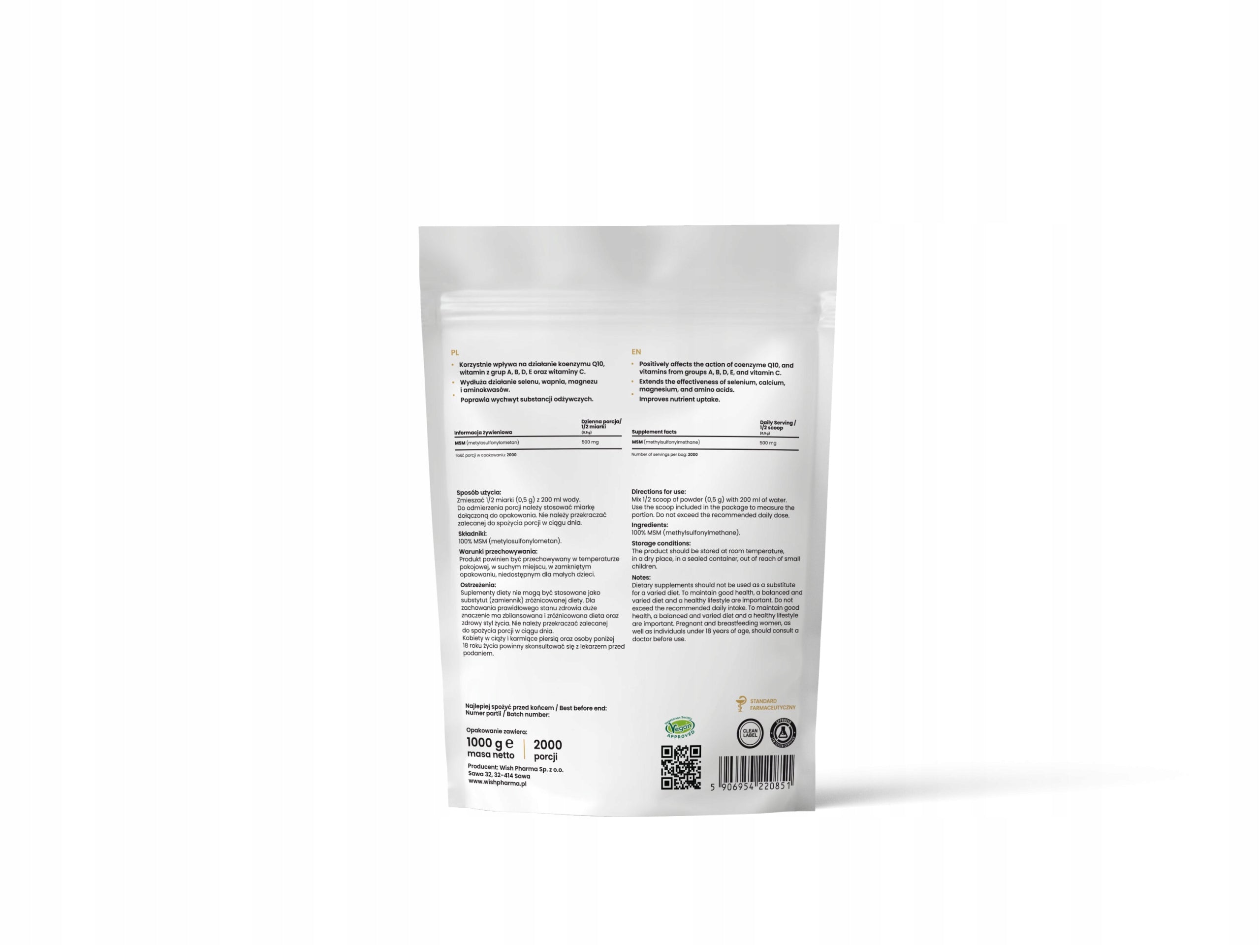MSM Organic Sulfur Joints Muscle Skin Powder 100% Pure Powder 1 kg EAN (GTIN) 5906954220851