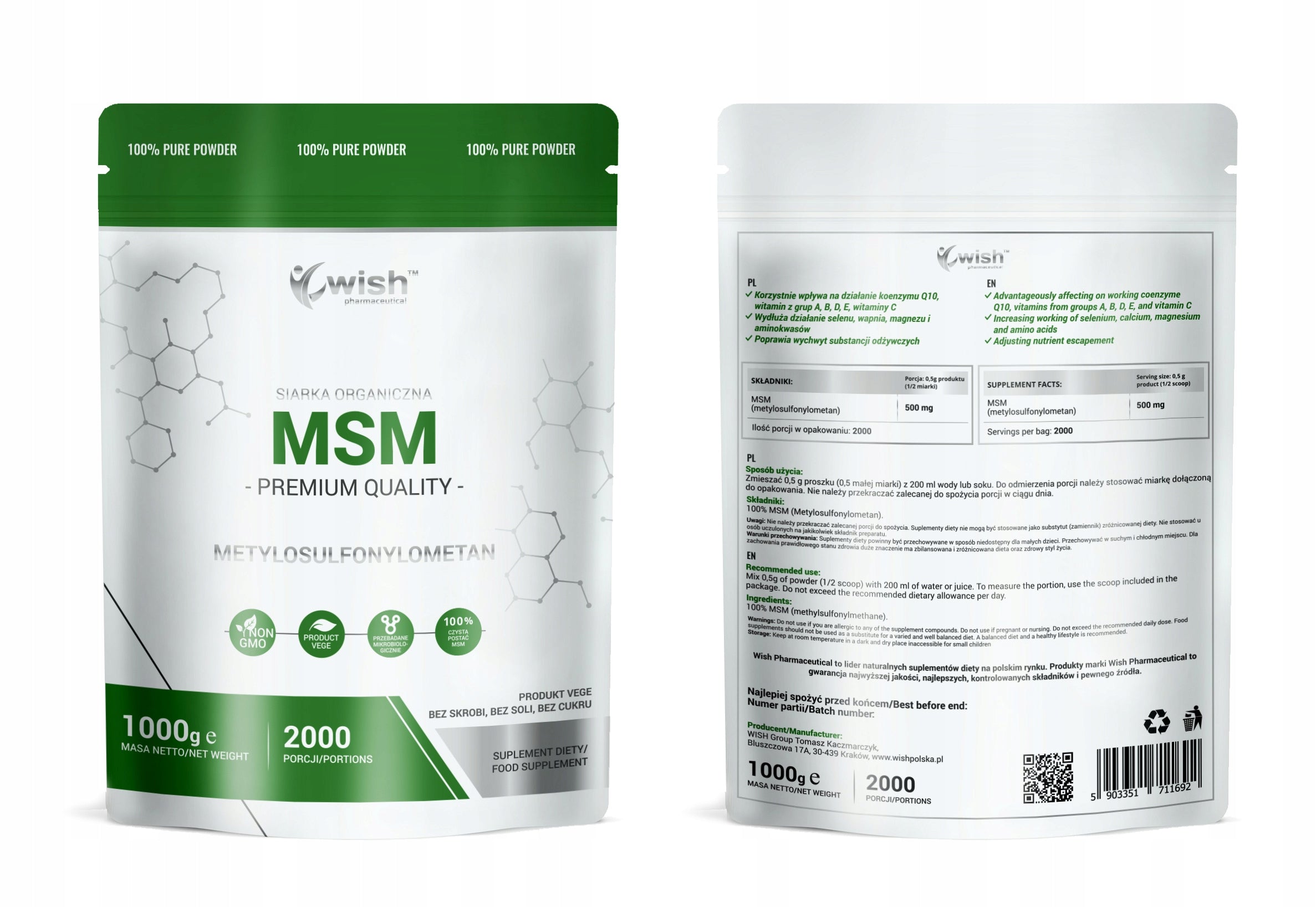 MSM Organic Sulfur Powder 1kg Product Vege EAN (GTIN) 5903351711692