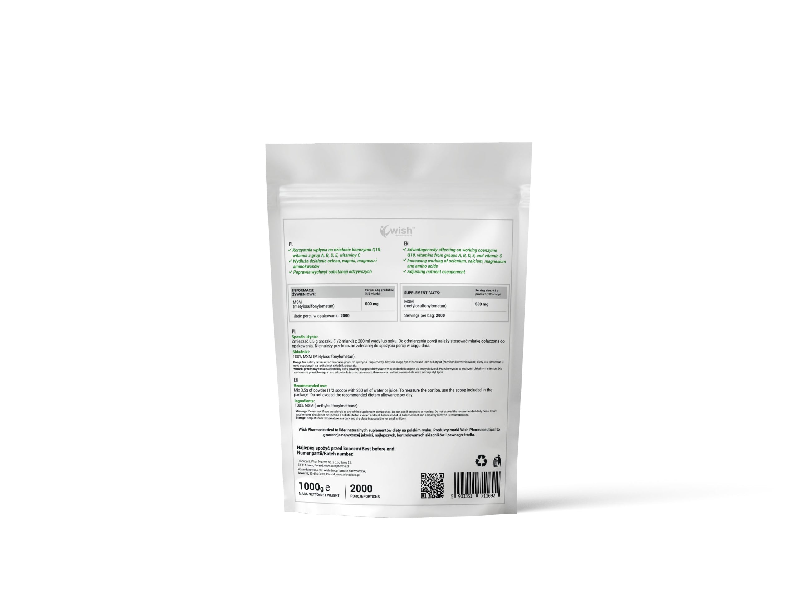 MSM Organic Sulfur Powder 1kg Product Vege EAN (GTIN) 5903351711692