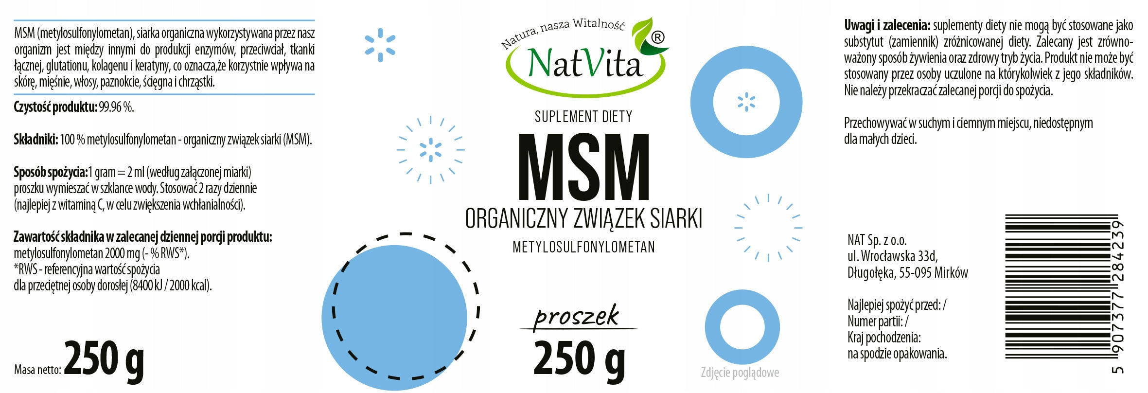 MSM Organic Sulfur Powder Collagen Healthy Joints Tendons 250g NatVita Manufacturer code 84239  250G
