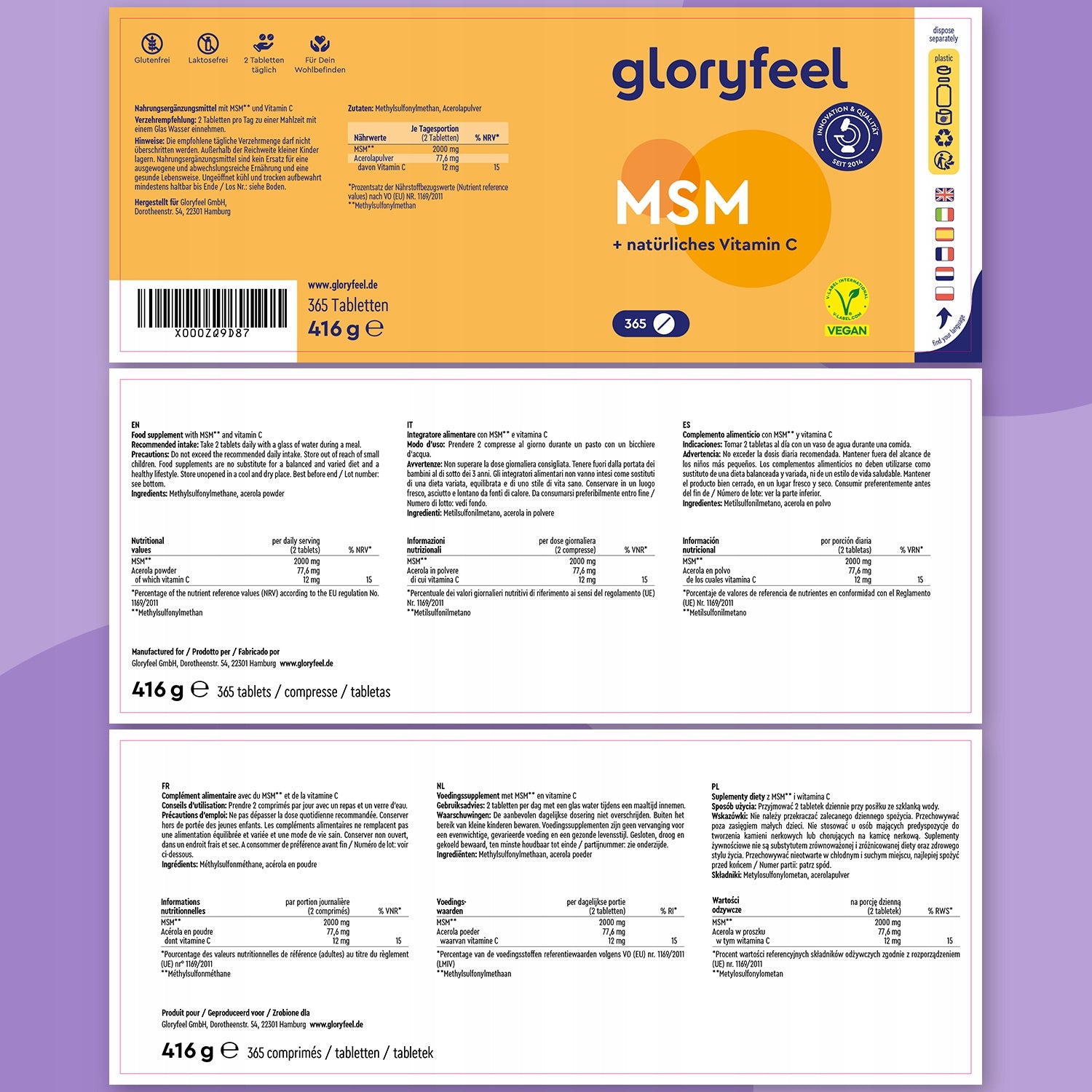 MSM SIARKA ORGANICZNA 2000mg WITAMINA C 365 tabs. ZDROWE STAWY KOŚCI Brand Gloryfeel
