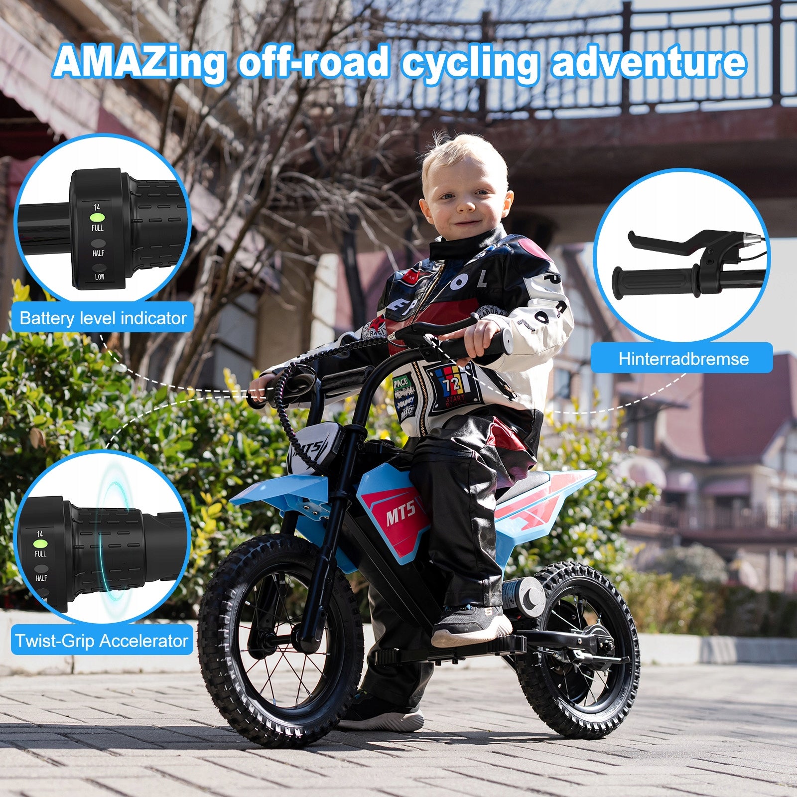 MT5 Elektro Motorrad Kinder, 12 Zoll Reifen, 5,2Ah Akku bis 15km Reichweite Manufacturer code MM-MT5-BLUE