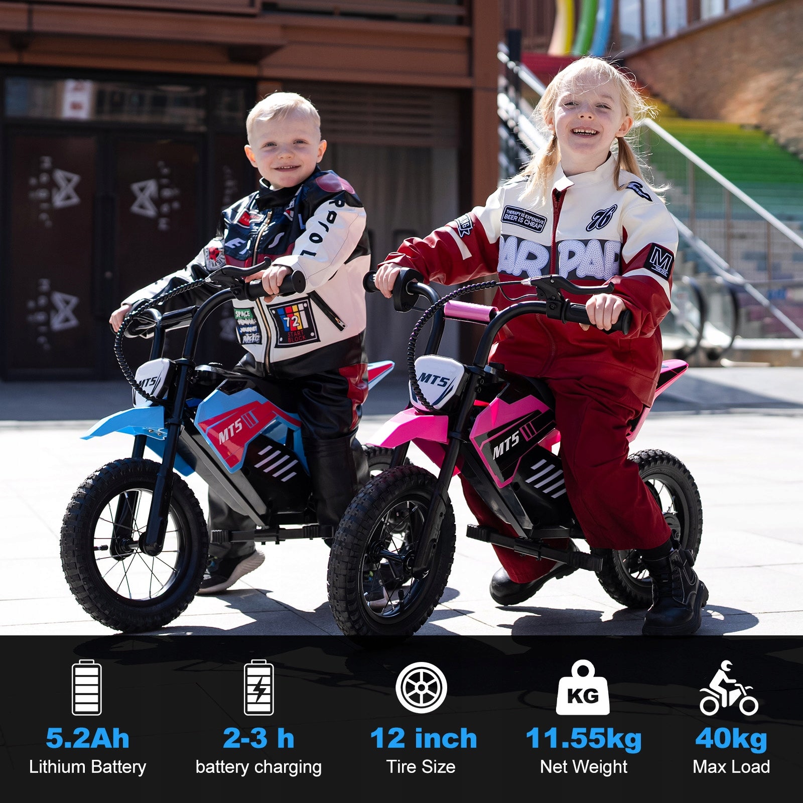 MT5 Elektro Motorrad Kinder, 12 Zoll Reifen, 5,2Ah Akku bis 15km Reichweite Packaging status original