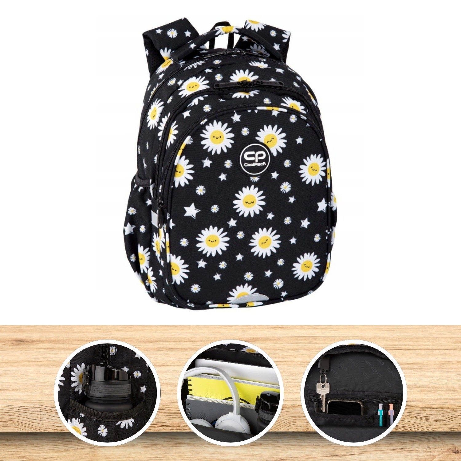 MULTI-CHAMBER SCHOOL BACKPACK COOLPACK BLACK DAISIES 19 L