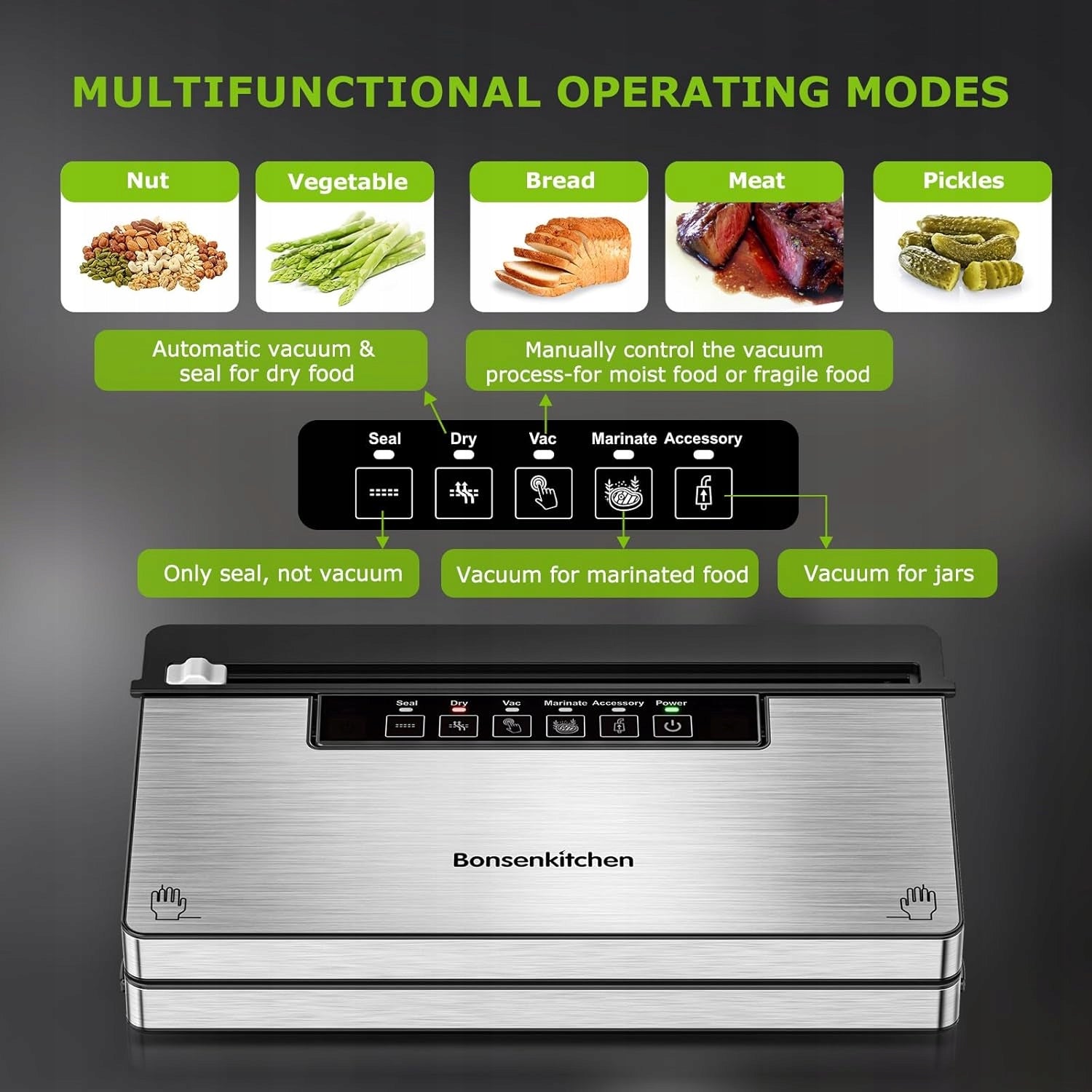 MULTIFUNCTIONAL VACUUM SEALER BONSENKITCHEN 6W1 125 W 12 L/MIN 70 kPa Manufacturer code 5905399074395