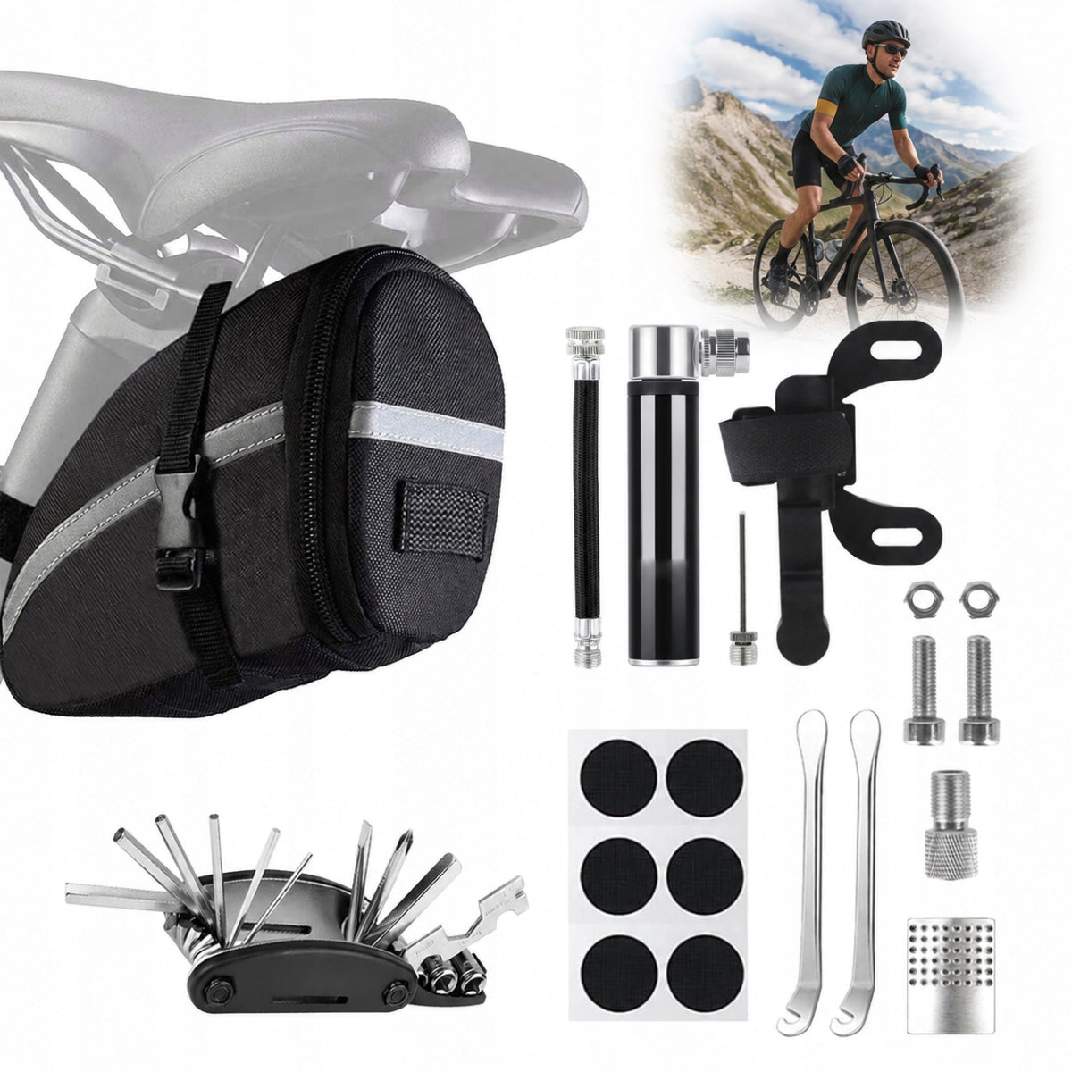 MULTITOOL 16in1 BICYCLE TOOL SET SERVICE PUMP PATCH BAG