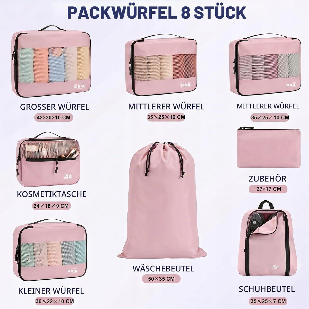 MURISE Organizer Set 8 Pcs Pink For Travel and Packing Suitcases Packaging status original