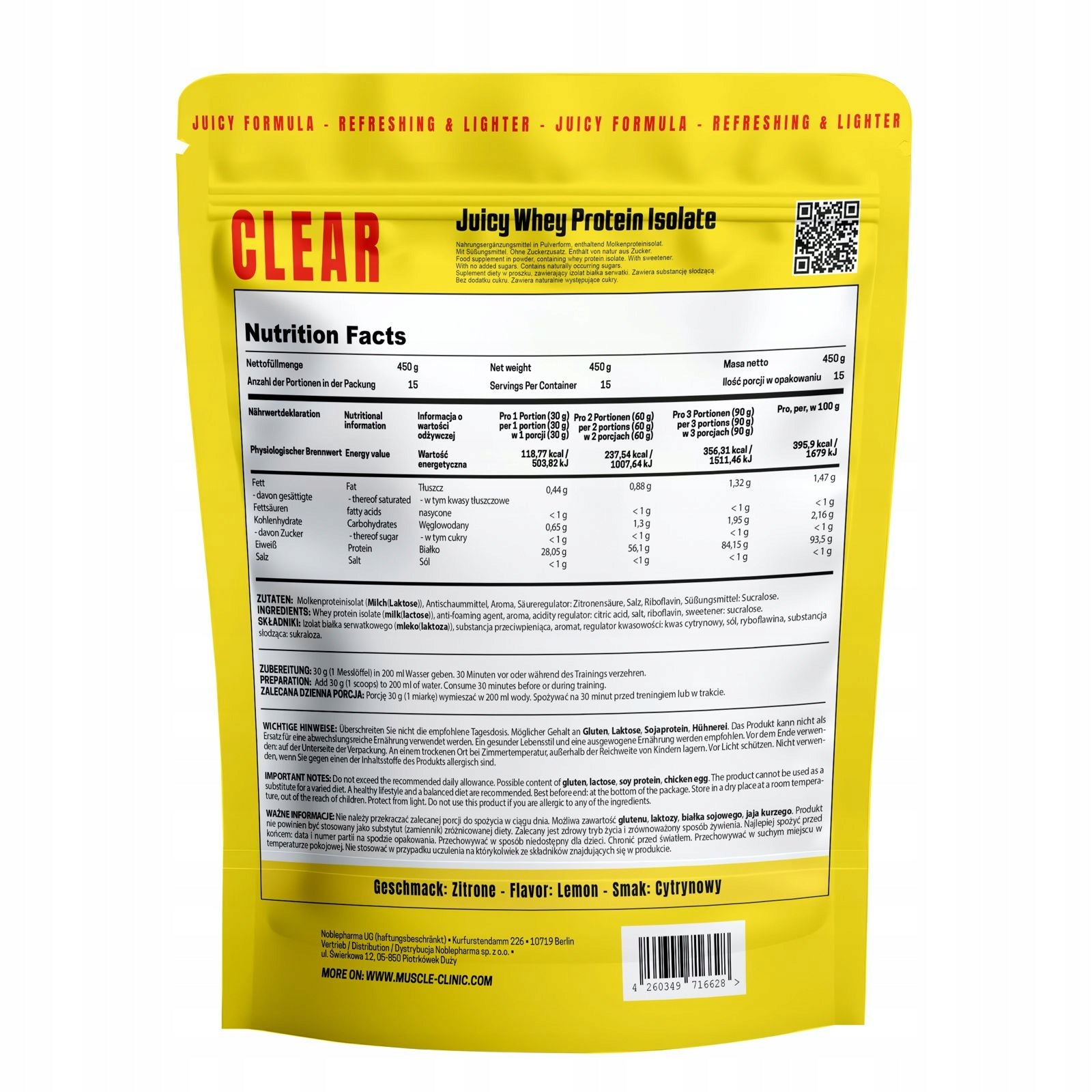 MUSCLE CLINIC CLEAR 450G JUICY WHEY PROTEIN ISOLATE LEMON FLAVOUR Expiration date at least 1 year from the date of purchase