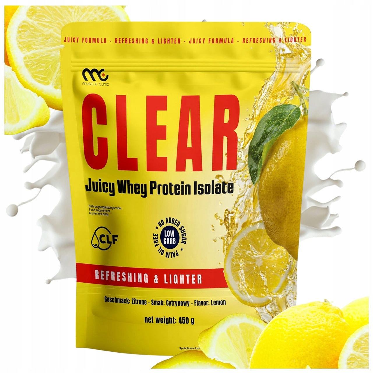 MUSCLE CLINIC CLEAR 450G JUICY WHEY PROTEIN ISOLATE LEMON FLAVOUR