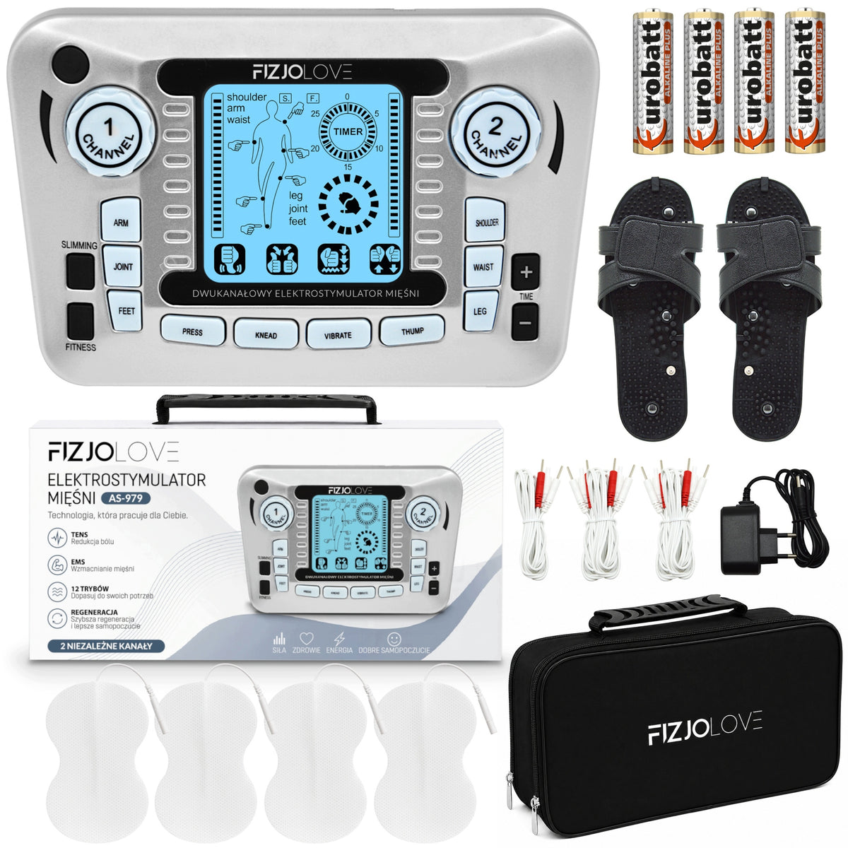 MUSCLE ELECTROSTIMULATOR MASSAGER TENS EMS +ELECTRODES+BATTERIES SET XXL