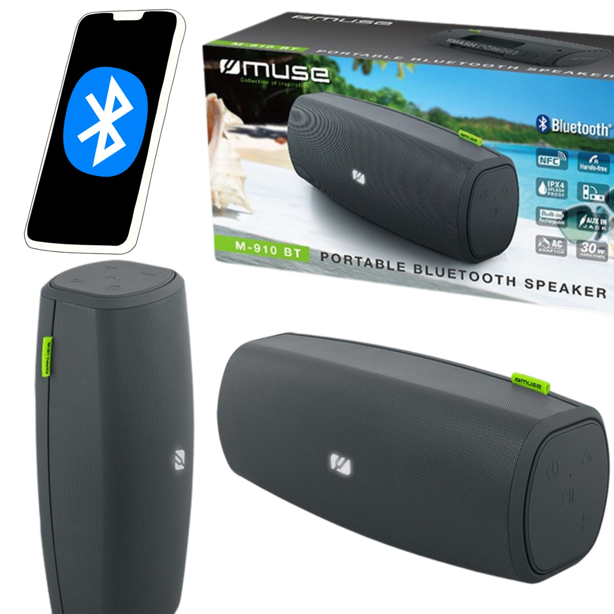 MUSE BLUETOOTH SPEAKER 30W IPX4 PORTABLE WIRELESS RADIO TOWER BOOMBOX
