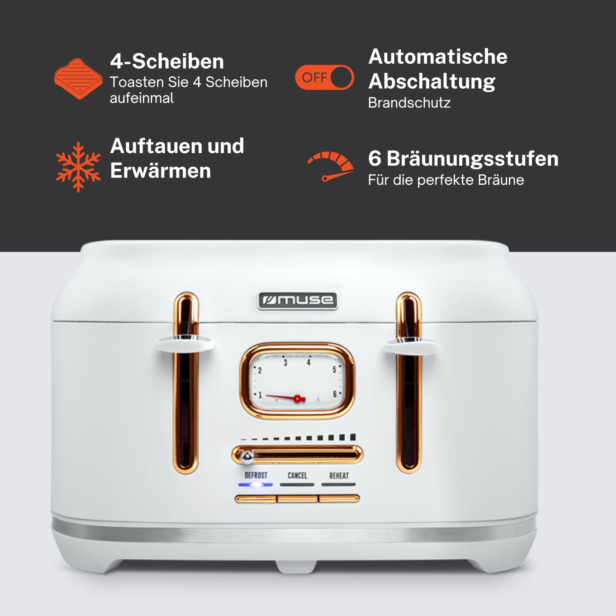MUSE Toaster Retro White Steel 4 Slices 6 Degrees With Crush Grille Packaging status original