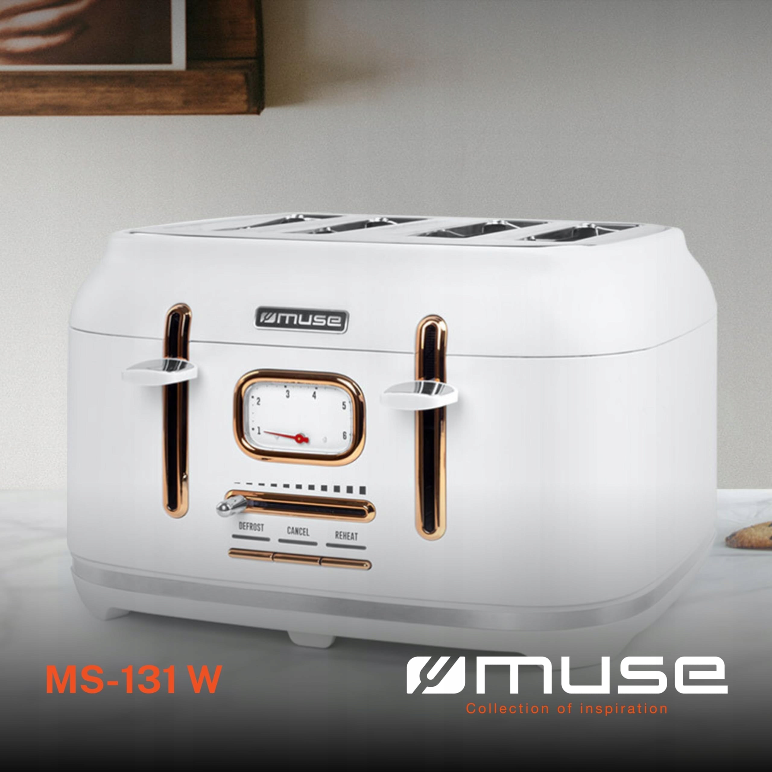 MUSE Toaster Retro White Steel 4 Slices 6 Degrees With Crush Grille Power rating 1800 W