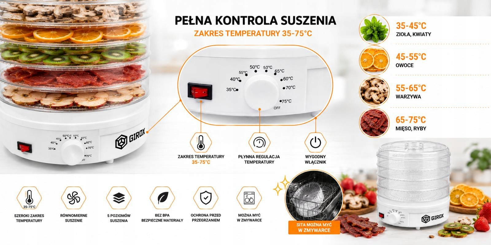 MUSHROOM DRYER FRUIT HERBS MEAT VEGETABLES POWER 600W 5 TRAYS BPA FREE Manufacturer code SUSZARKA DO GRZYBÓW GIROX 600W