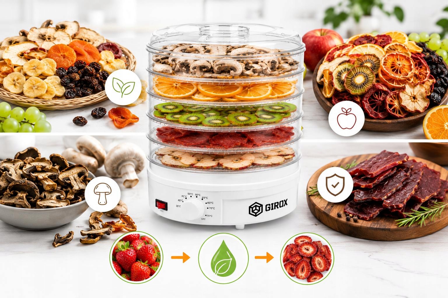 MUSHROOM DRYER FRUIT HERBS MEAT VEGETABLES POWER 600W 5 TRAYS BPA FREE Packaging status original