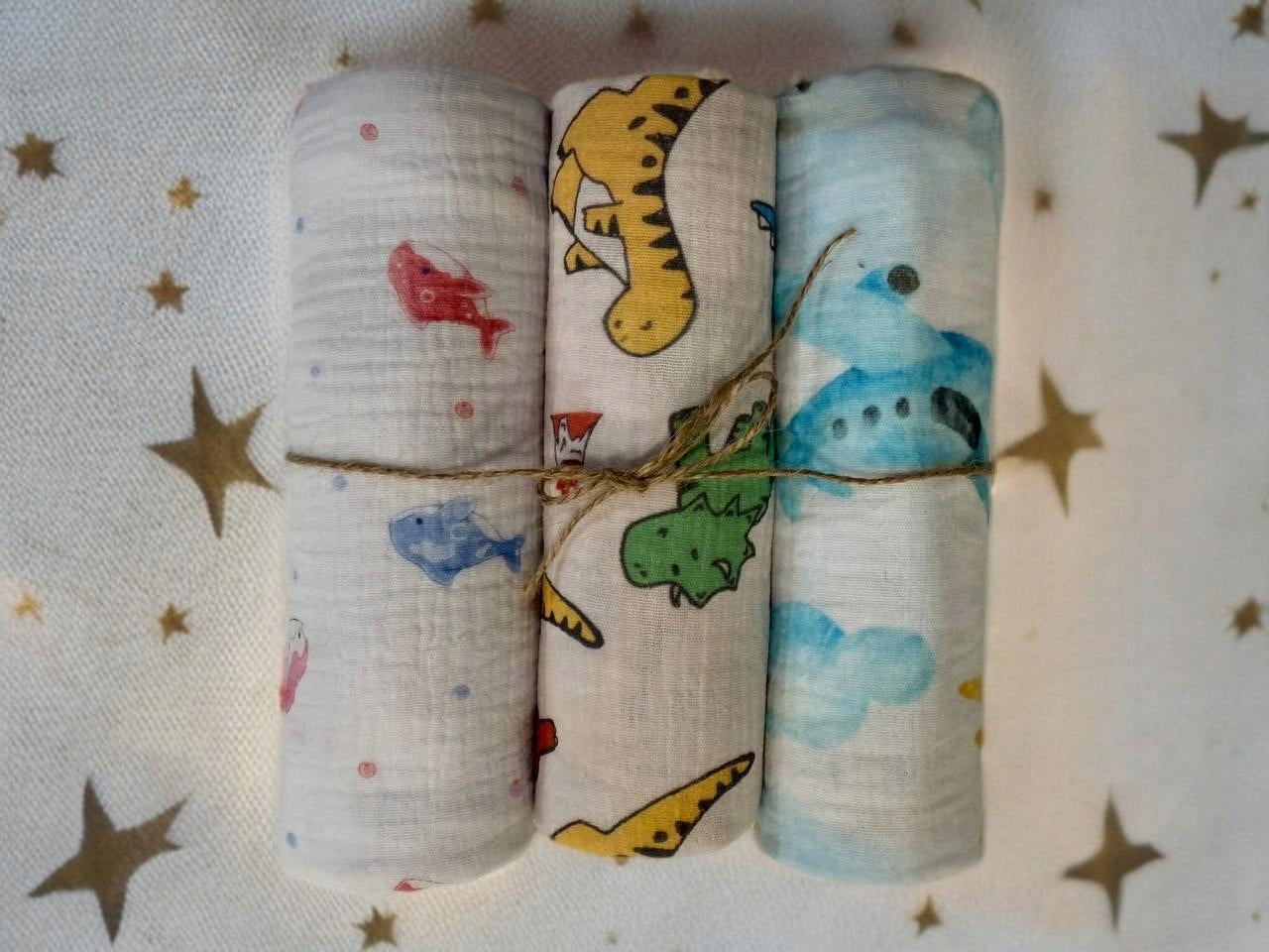 MUSLIN Diaper 3-Pack 80x60 Cotton Diapers DINO DOLPHIN CLOUDS Packaging status original