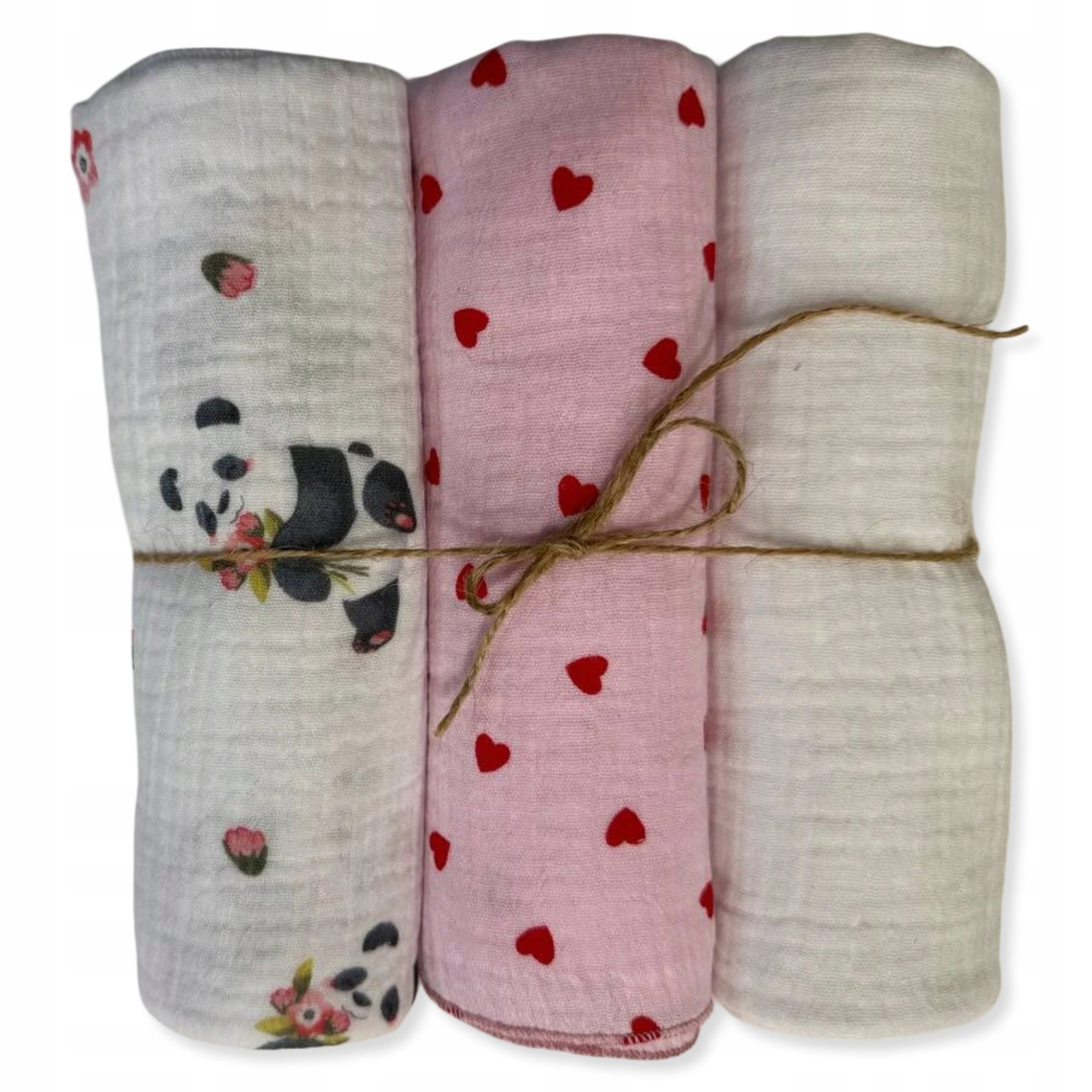 MUSLIN Diaper 3-Pack 80x60 Cotton Diapers PANDA HEARTS PINK