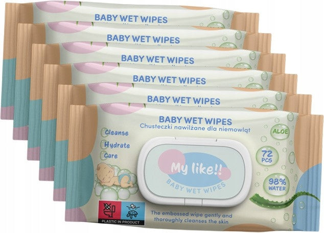 MYLIKE Baby Moisturized Wipes WATER & ALOE 6 x 72 PCS (432)