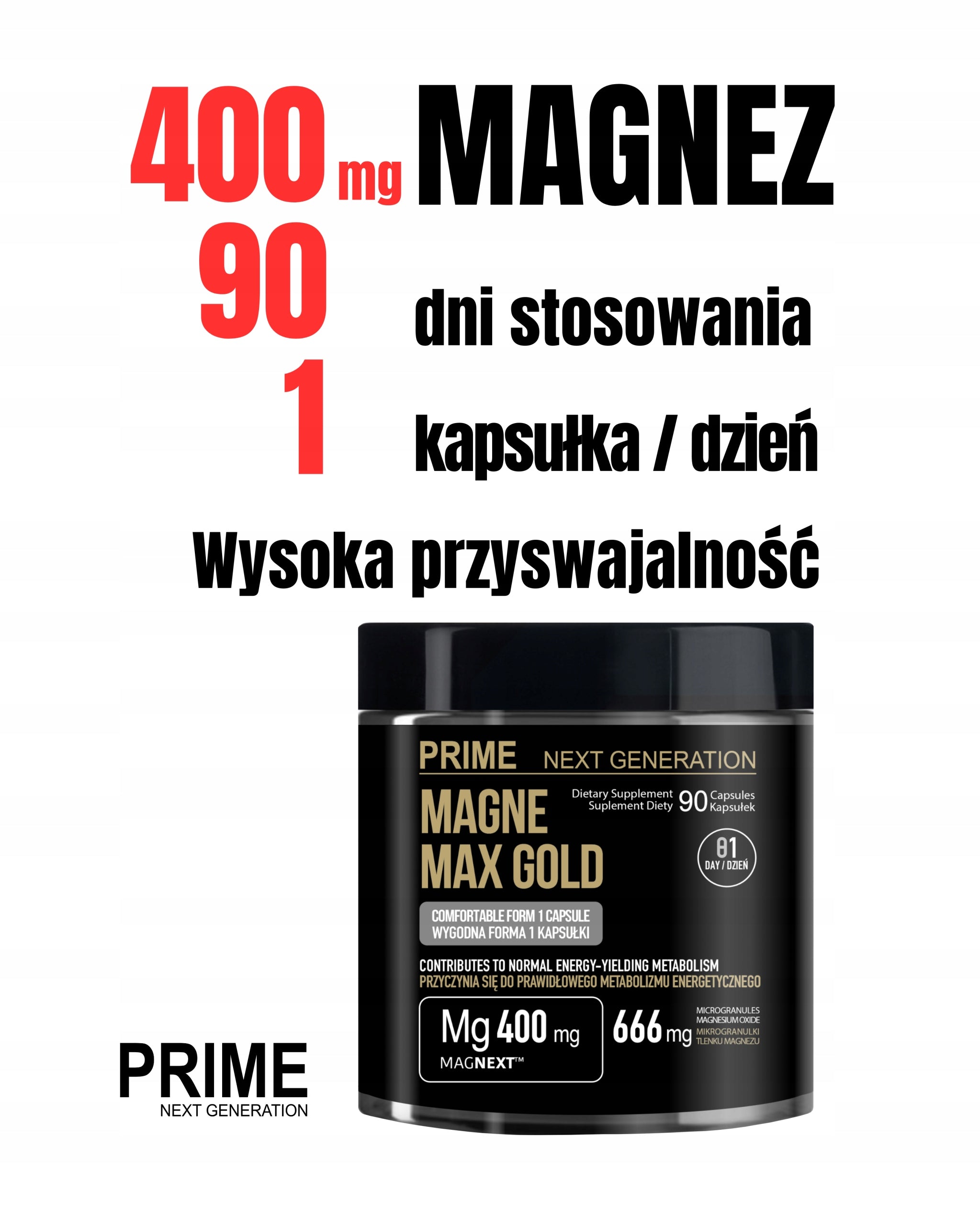 Magnesium 400 mg cramps stress fatigue nerve muscles 90 days 90 caps MAGNEXT Packaging status original