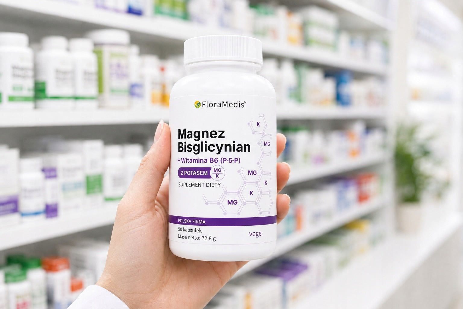 Magnesium Bisglycinate + Potassium Citrate + B6 P-5-P 90 kaps FloraMedis Name Glicynian Magnezu