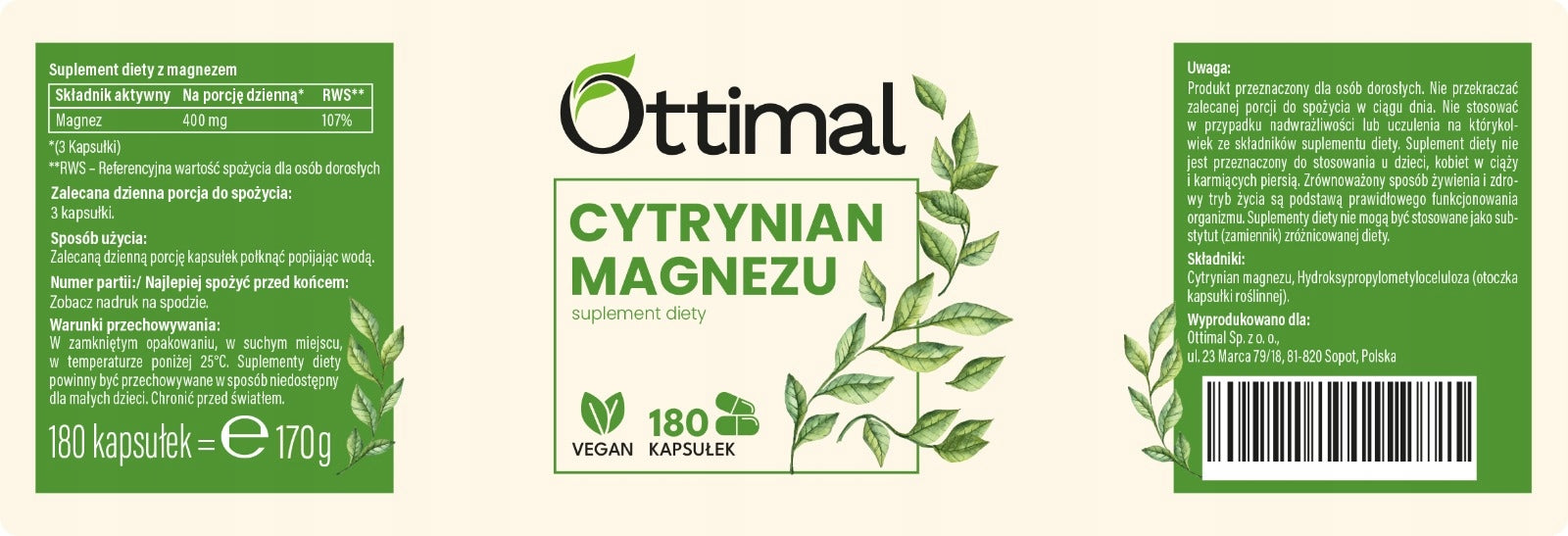Magnesium Citrate Magnesium 180 kaps 400mg 107% RWS without additives and fillers Brand Ottimal