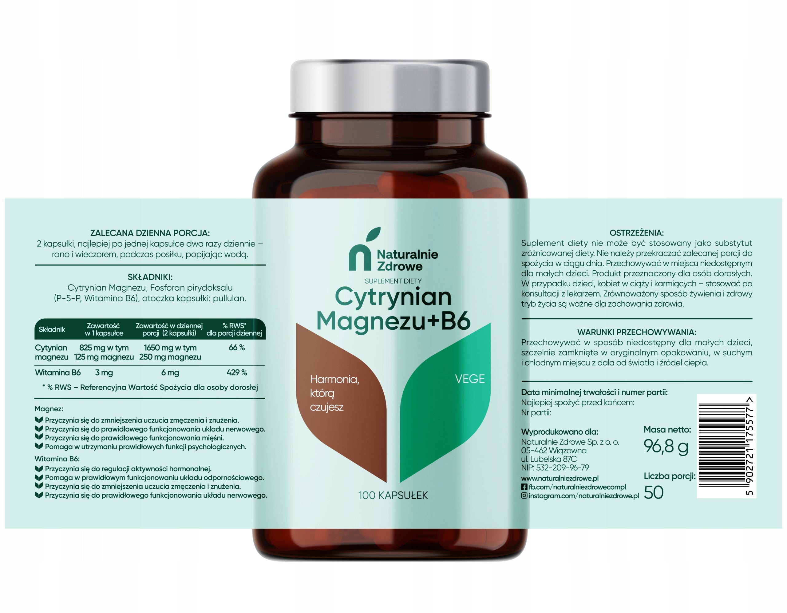 Magnesium Citrate Magnesium + B6 100 Muscle Contraction Capsules Brand Naturalnie Zdrowe