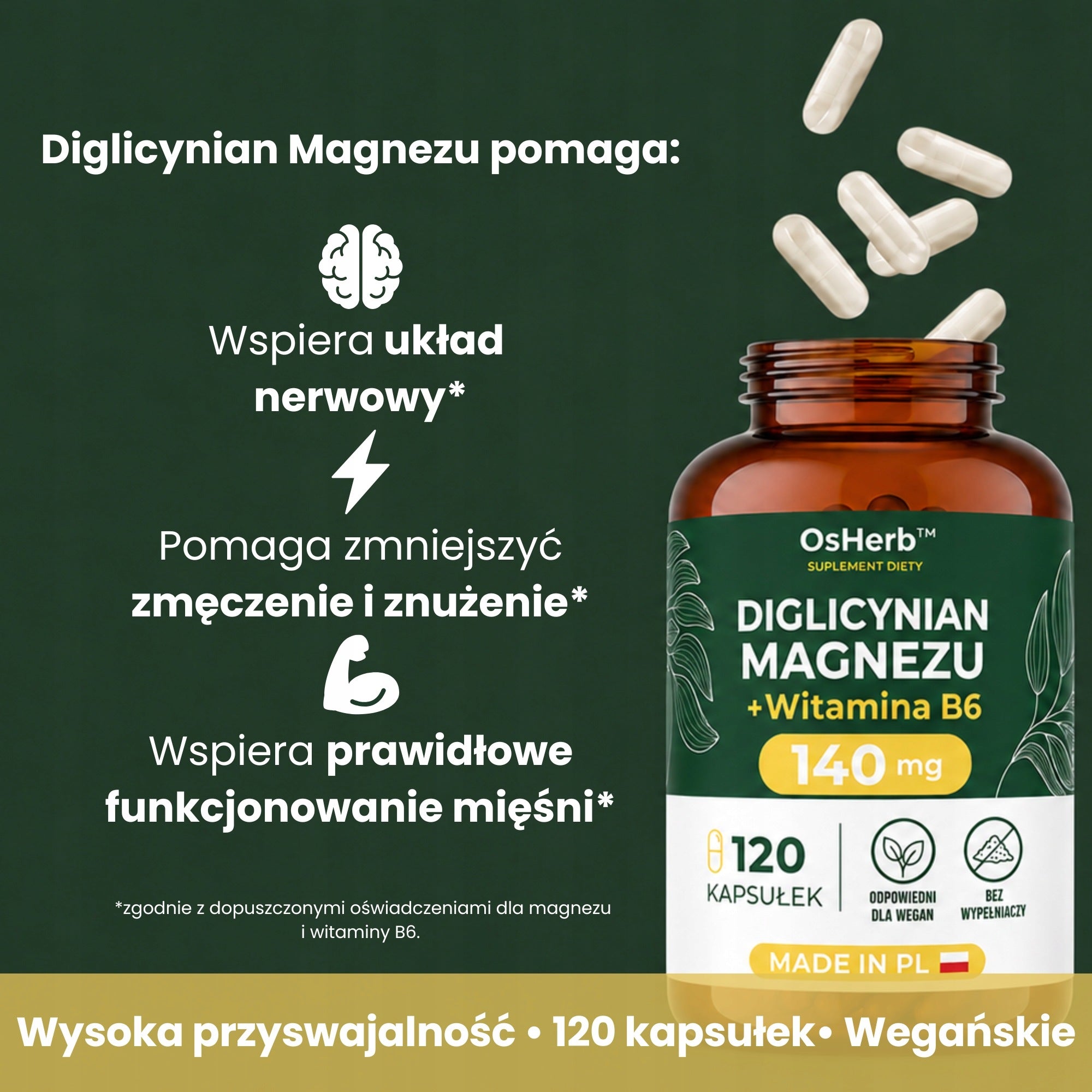 Magnesium Glycinate 100% Chelated + Vitamin B6 120 Caps. Without Fillers Packaging status original