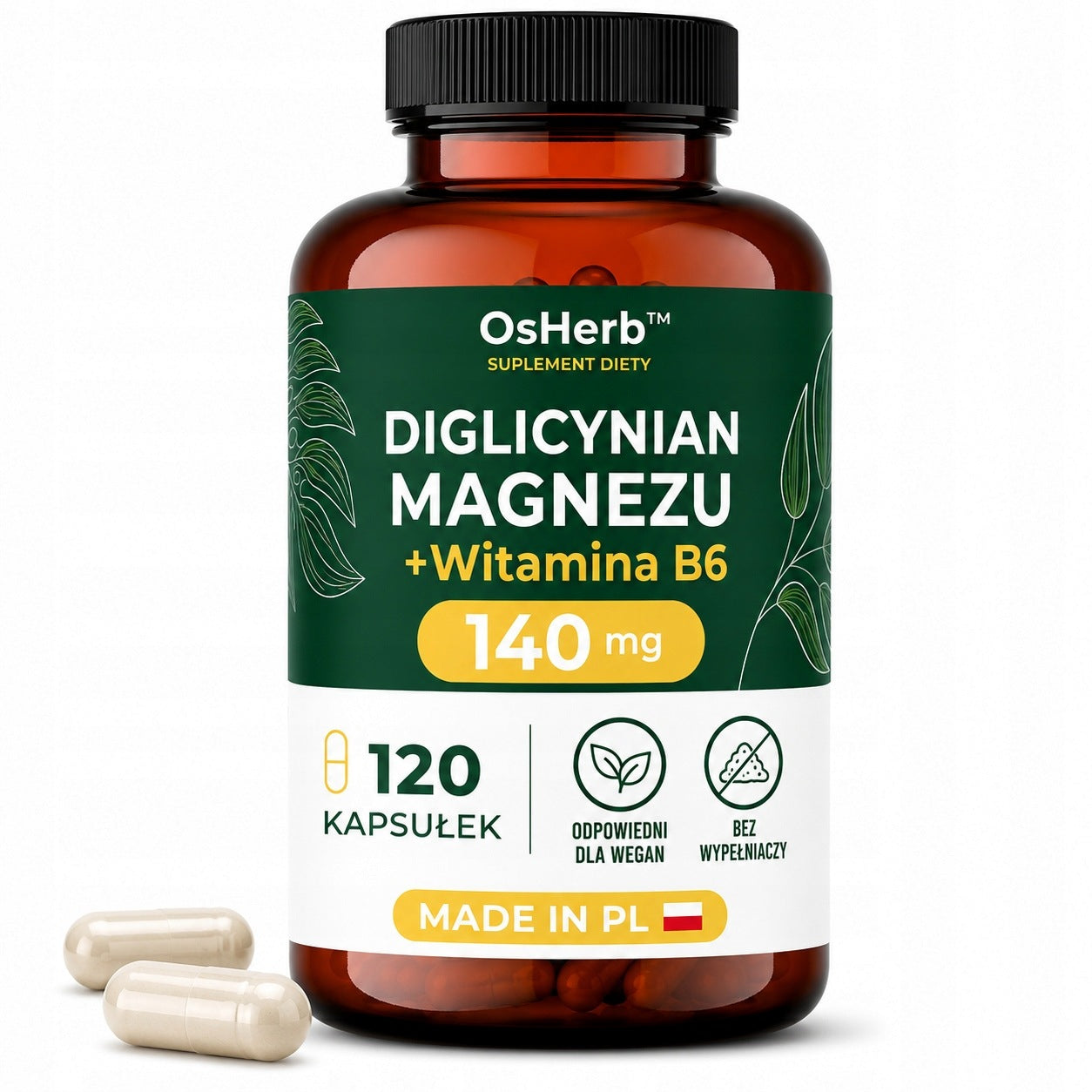 Magnesium Glycinate 100% Chelated + Vitamin B6 120 Caps. Without Fillers