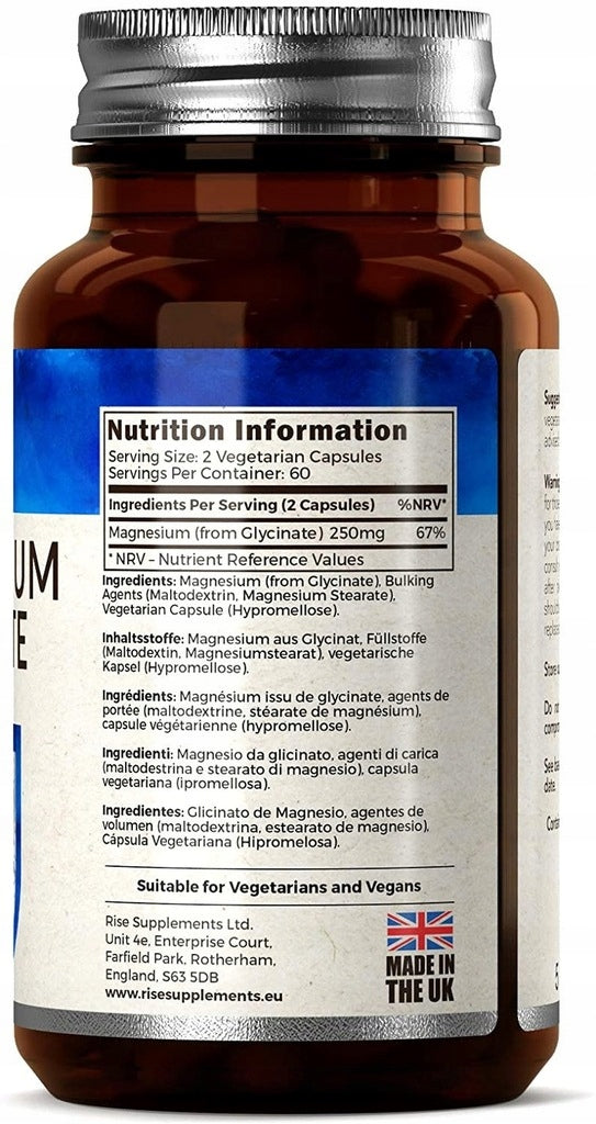 Magnesium Glycinate 120 Capsules of 250mg per serving Brand Rise Supplements