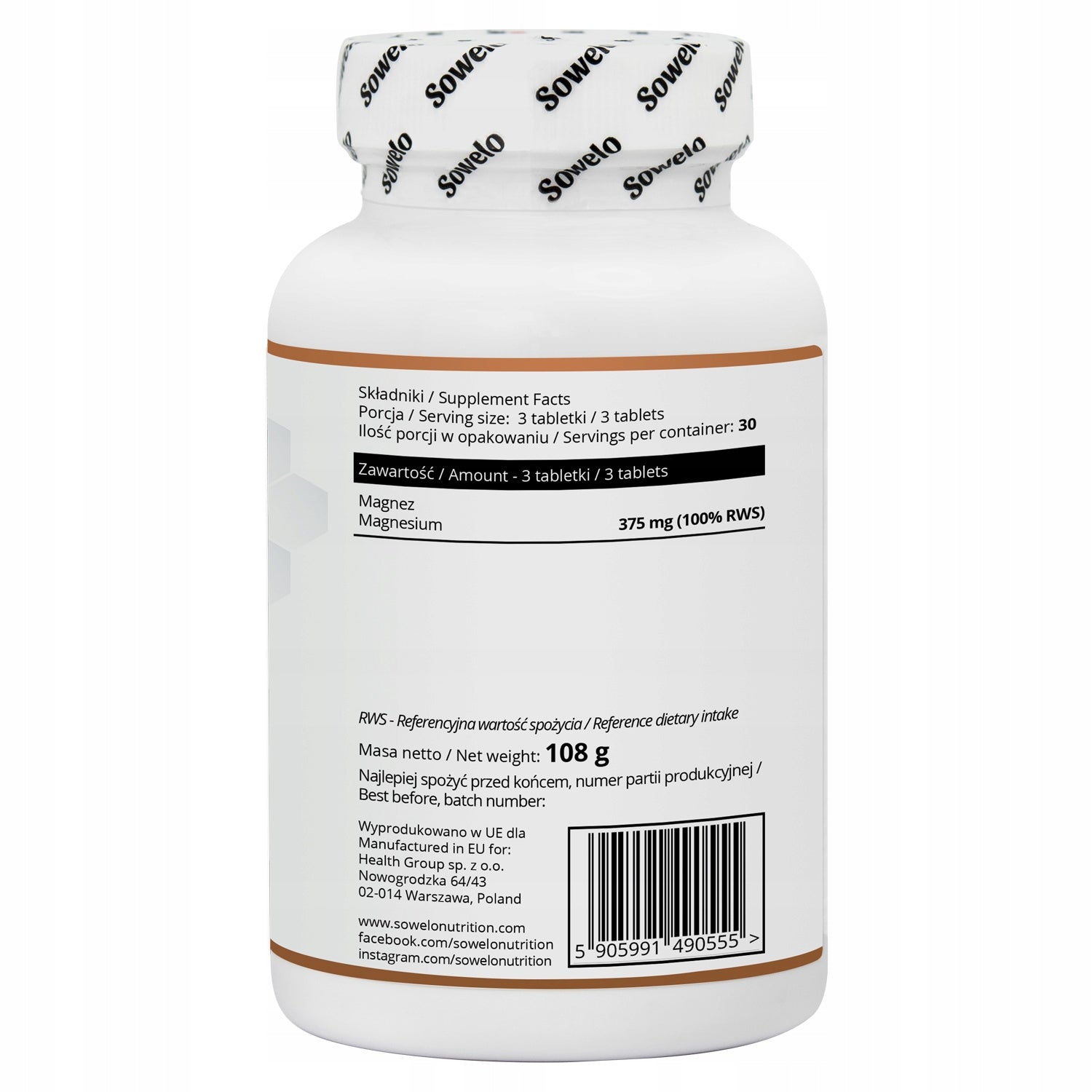 Magnesium Glycinate Chelate 375 mg 90 Tab – Contractions, Stress – Magnesium Sowelo Packaging status original
