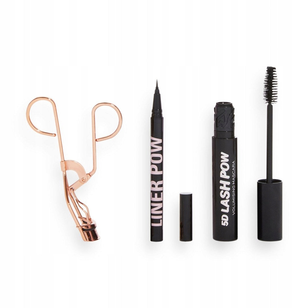 Kosmetikset Revolution Beauty Lash Pow Eye Set für Damen: Mascara + flüssiger Eyeliner + Wimpernzange 