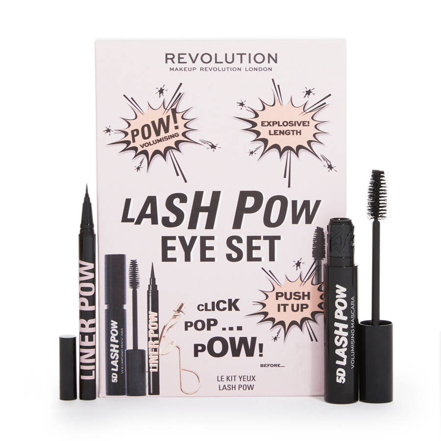 Kosmetikset Revolution Beauty Lash Pow Eye Set für Damen: Mascara + flüssiger Eyeliner + Wimpernzange 