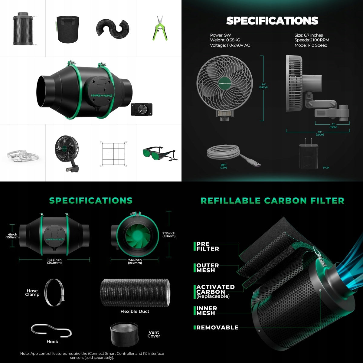 Mars Hydro 100x100x180cm Smart Growbox Grow Kit|300W EVO LED+iControl 2.0 Length 1 m