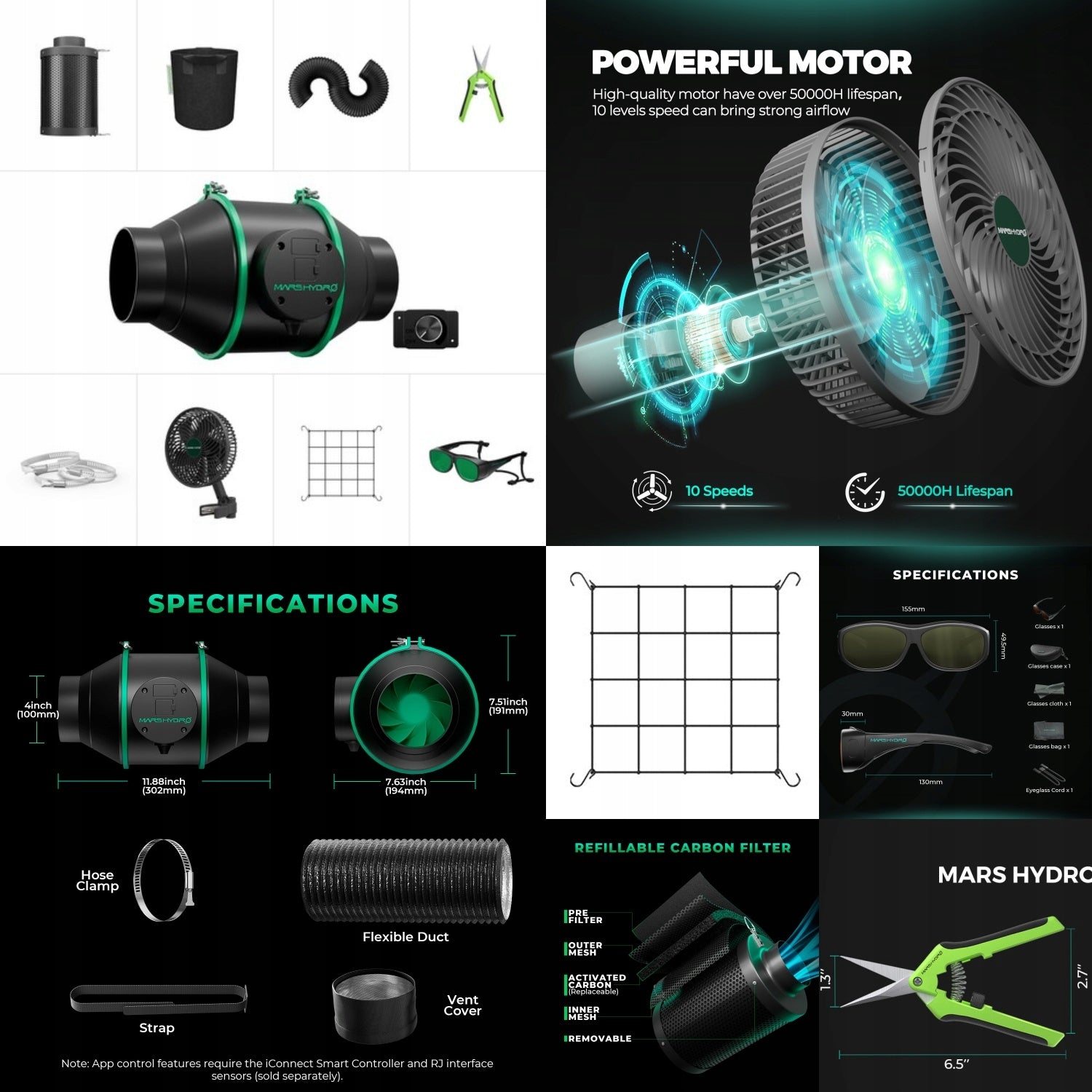 Mars Hydro 120x60x180cm Growbox Grow Kit|TSL 2000 300W LED|6” Clip on Fan Length 1.2 m