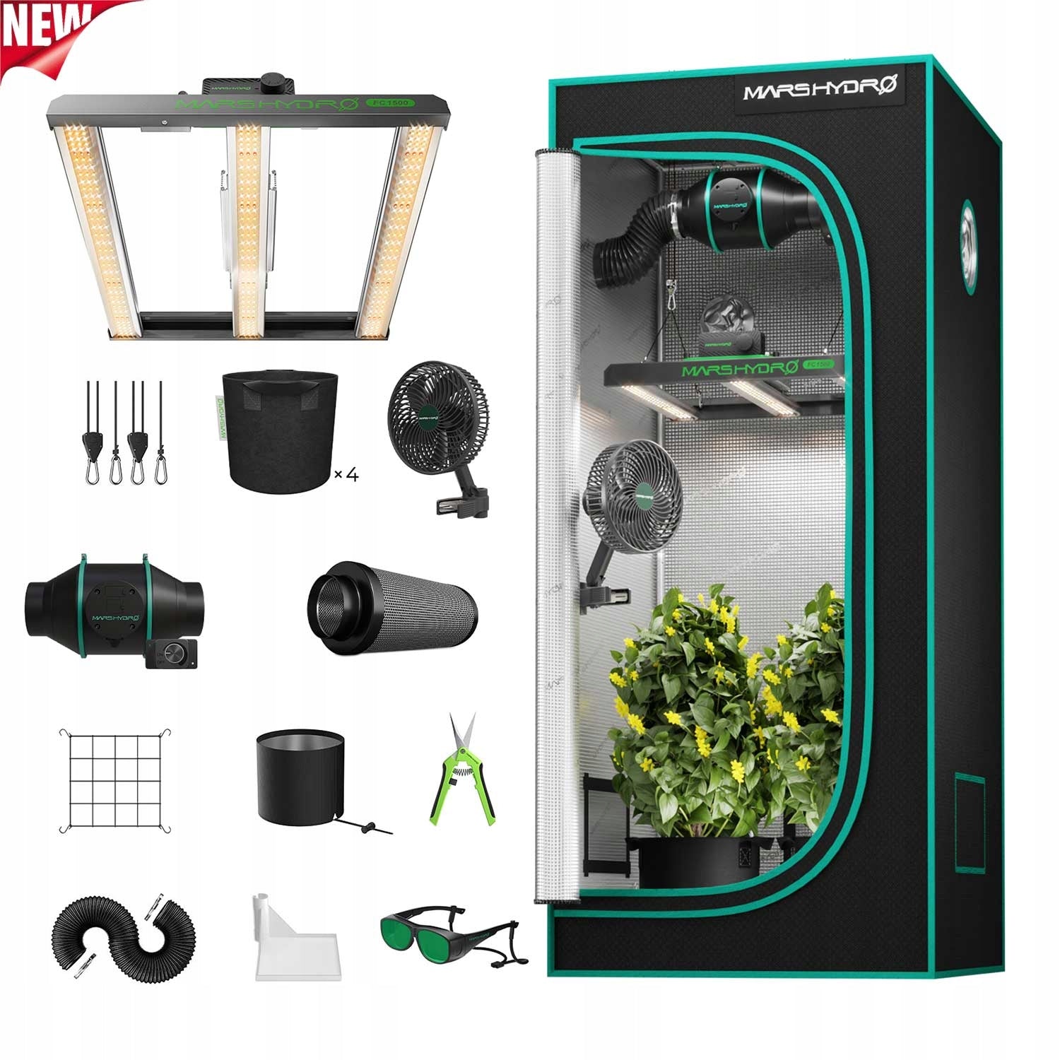 Mars Hydro 80x80x160cm Growbox Grow Kit|FC 1500 EVO 150W LED|6” Clip on Fan