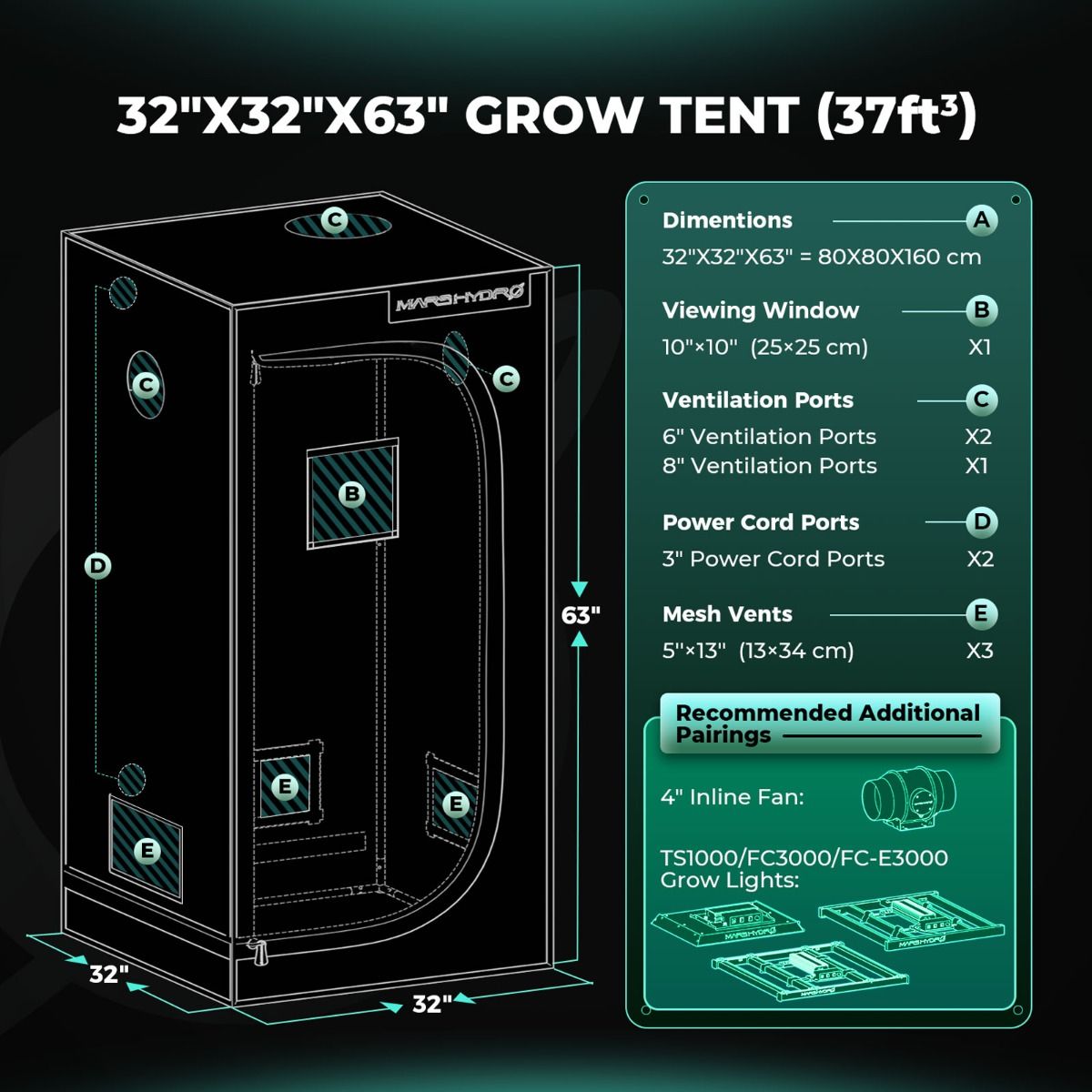 Mars Hydro 80x80x160cm Growbox Grow Kit|TS 1000 150W LED|6” Clip on Fan Manufacturer code MHSETTOP2